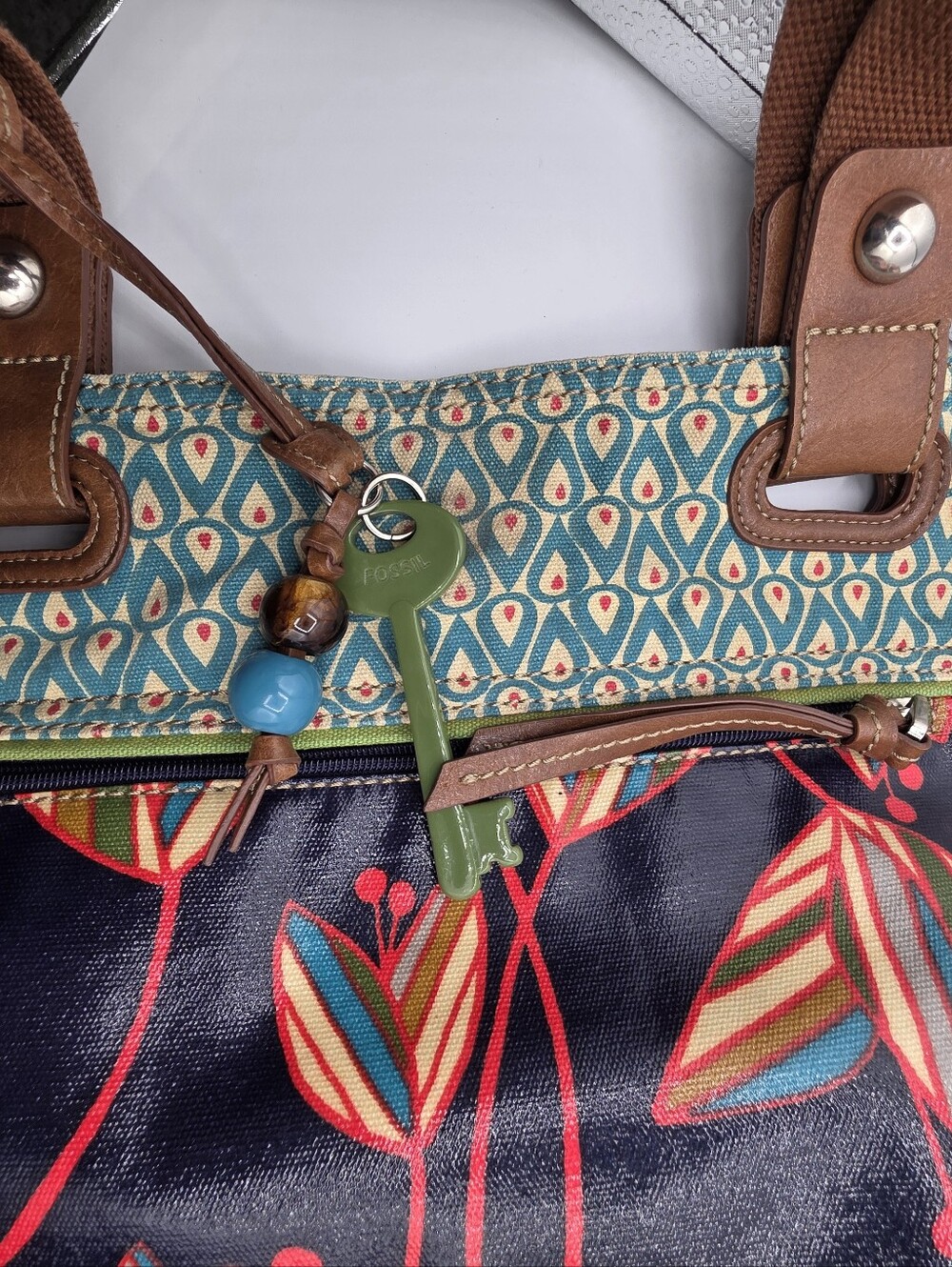 Vintage Y2K Fossil Key Per Coated Retro Floral Canvas Leather Trim Hobo Tote Bag - Picture 9 of 13